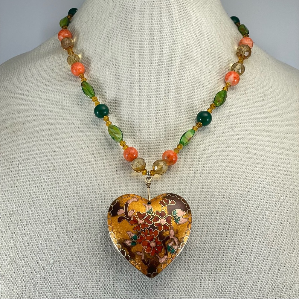 Artisan Handmade Crafted Emerald Stone Glass Beaded Cloisonné Heart Necklace